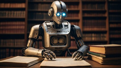 Fototapeta premium robot librarian archiving ancient manuscripts inlibrary - technology and knowledge concept