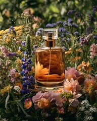 a bottle of a perfume sits on top of flowers