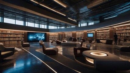 Futuristic AI-Powered LibraryBooks and Digital Interfaces, Technology Concept Art