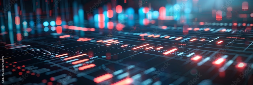 Poster a computer screen displaying financial charts and graphs with red and blue lights shining on it. gen