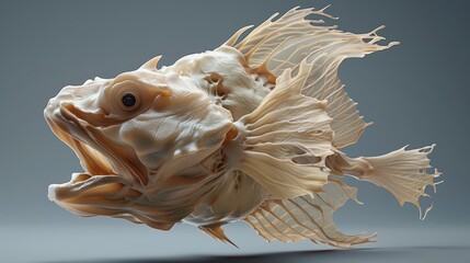 Artistic sculpture of a fantastical fish, featuring flowing fins and a detailed, cream-colored body, set against a gray background.