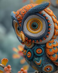 An endearing closeup of a handcrafted owl decoration, featuring vivid colors and minimal surroundings, focusing on the intricate details