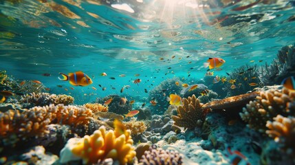 Fototapeta na wymiar Capturing the Vibrant Underwater World: A Stunning DSLR Photo of Tropical Schools of Fish Swimming Half Submerged