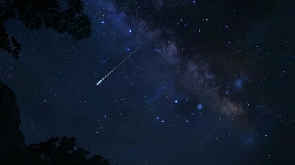 Awe-Inspiring Celestial Landscape with Shooting Star Streaking Across the Starry Night Sky