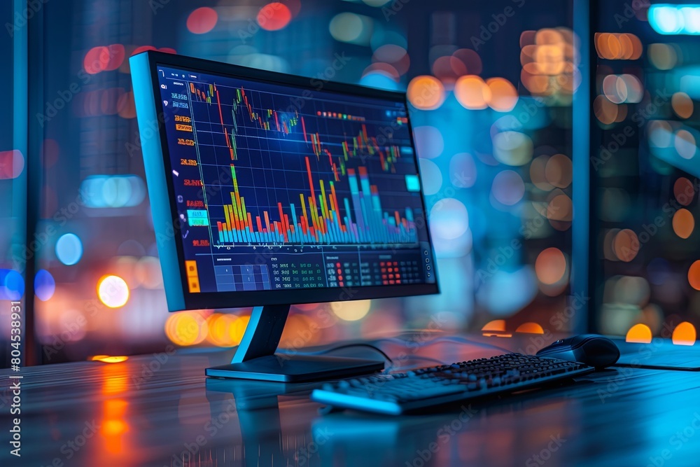 Poster a computer monitor displaying financial charts and graphs sits on a desk. generative ai