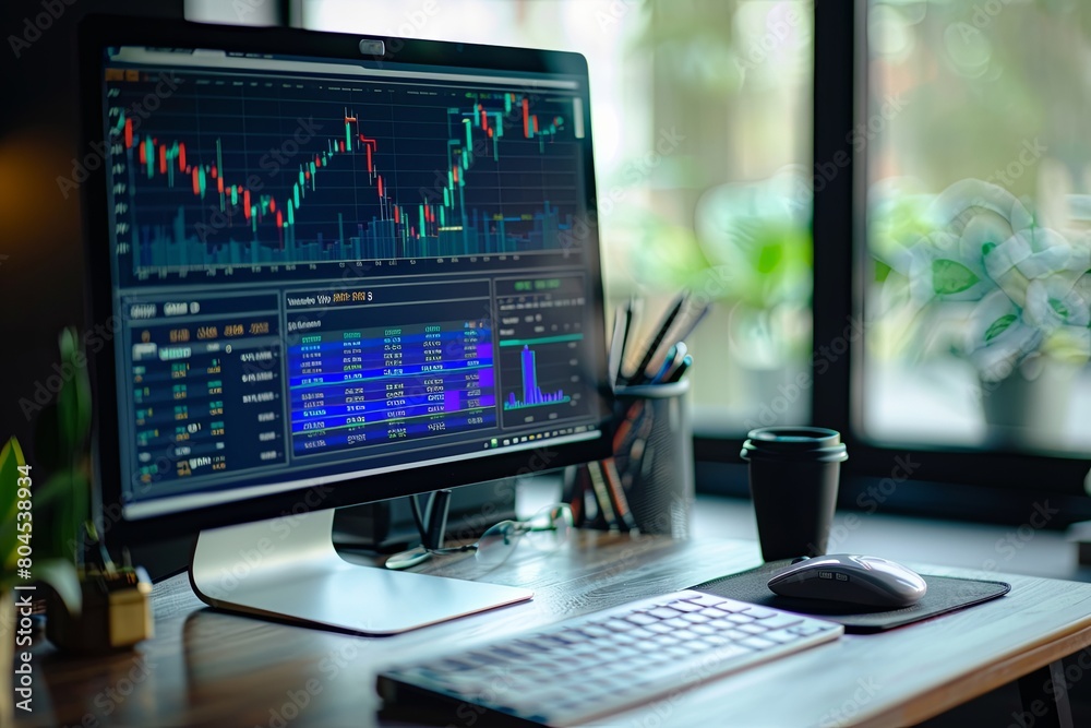 Poster a desktop computer is placed on top of a wooden desk with financial charts and graphs displayed on t