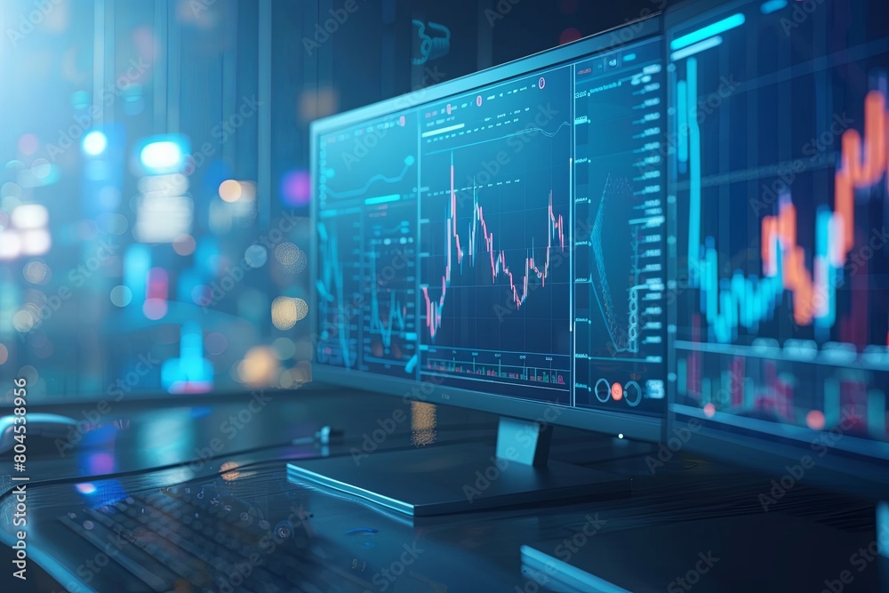 Poster a computer monitor resting on top of a desk, displaying financial charts and graphs. generative ai