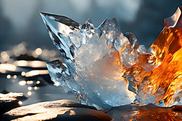 Obraz premium Fire Ice Fire Crystal. Orange Ice Crystal. Glowing Lava Fire and Ice. Abstract Icicles. Macro and close up shot