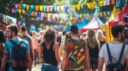 Obraz premium Crowd of diverse individuals walking through a bustling festival, enjoying the lively atmosphere and various attractions.