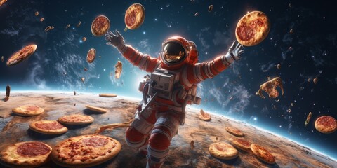 Obraz premium Astronaut with pizza on the background of the outer space.