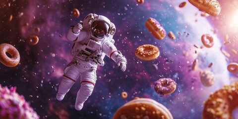 Fototapeta premium astronaut in a food space , flying donuts pizza as planets lots of special effects the background
