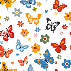 Simple seamless many kind of butterflies, flowers, colorful, themed party.