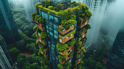 A tall building with plants growing on it in the city, AI