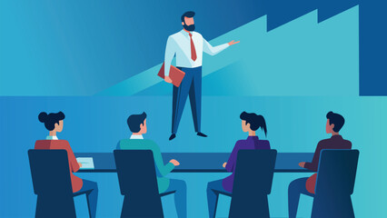 Goal. Education, presentation meeting. The business team listens to the teacher, male leader flat vector illustration