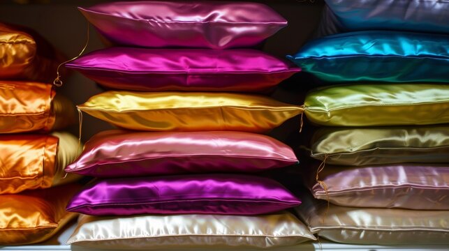 A stack of colorful silk pillowcases displayed on a shelf tempting you to add a touch of luxury to your bedding.
