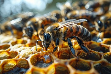 A macro shot capturing the intricate details of a honeybee as it collects nectar on a honeycomb