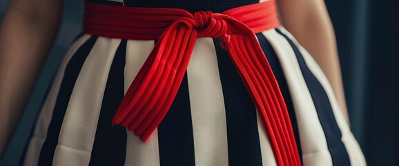 Striped sailor dress with a red belt , professional photography and light