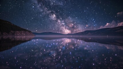 Captivating Reflection of Starry Skies Mirrored in Tranquil Lake Landscape