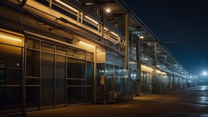 Obraz premium Nighttime Pharmaceutical Manufacturing Plant SceneIlluminated Equipment