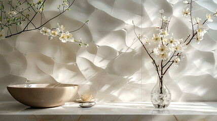 Sleek white surface adorned with geometric elements inspired by nature, evoking a sense of symmetry...
