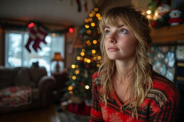 A contemplative woman gazes out of the window beside a softly lit Christmas tree in a cozy, festive setting