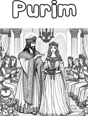 Fototapeta premium PURIM coloring page. Queen Esther Black and white linear vector illustration. Coloring pages for children.