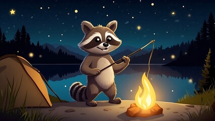 Illustration of a raccoon in front of a bonfire at night