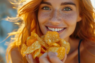 Naklejka premium A vibrant young woman with fiery red hair presents a snack of savory chips with a beaming smile