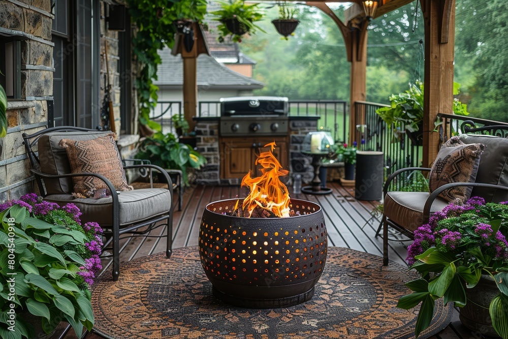 Wall mural an elegant outdoor seating area with a decorative fire pit centerpiece, surrounded by nature and a t