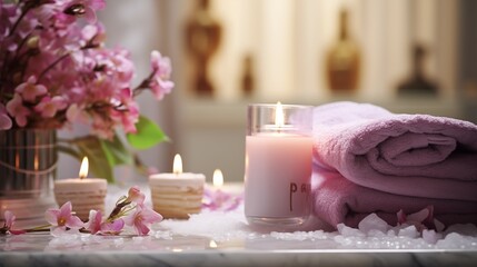 A spa scene with pink flowers, candles, and a towel on a wooden surface - Powered by Adobe