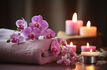 A bouquet of pink orchid flowers on a towel, with lit candles in the background, in a spa setting