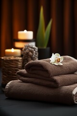 Brown towels with a white orchid flower, candles, and a potted plant 