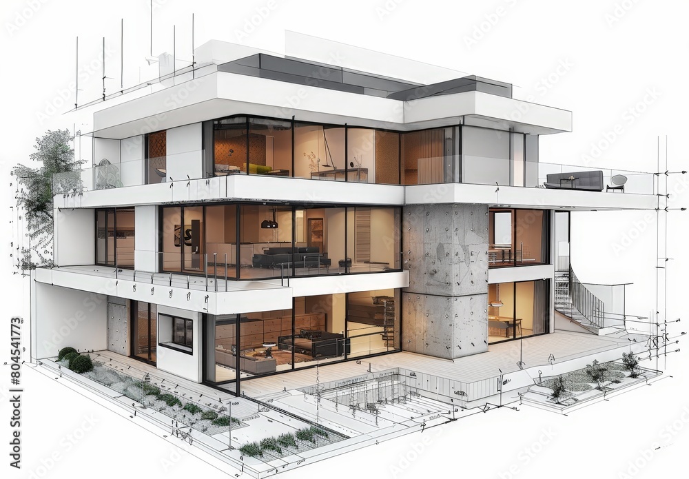 Aufkleber wireframe rendering of a contemporary house with technical details