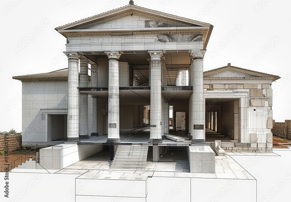 Poster Wireframe rendering of an ancient building in the classical style