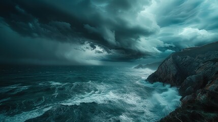 Obraz premium A stormy ocean with dark clouds and a rocky shoreline