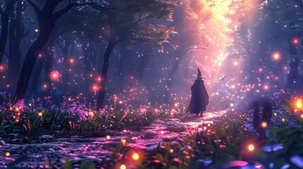 A witch is walking through a forest at night with glowing lights