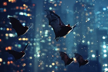 A group of bats flying in the night sky over a city