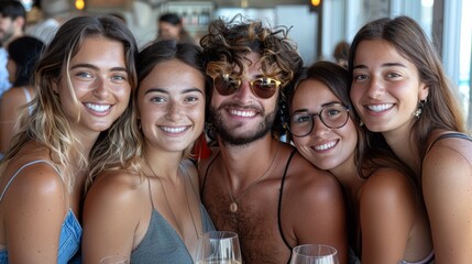 Fototapeta premium A group of four people are posing for a picture together, AI