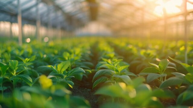 Lush green plants of various sizes grow inside a protected greenhouse environment