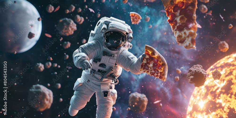 Wall mural Astronaut with pizza on the background of the outer space.