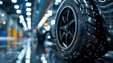 Fototapeta premium A close up of a black tire with a shiny, wet surface