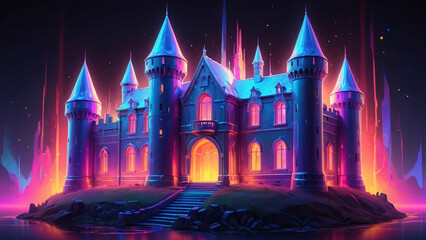 The image portrays a majestic, illuminated castle set against a twilight sky with stars, radiating beams of light, and a reflective body of water in the foreground, creating a magical scene.