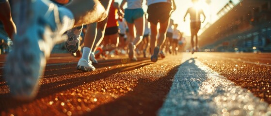 A group of runners are running on a track with the sun shining on them