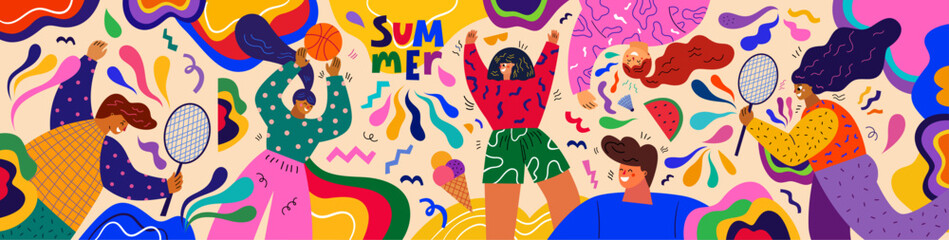 Colorful summer vector banner with people doing sports. An illustration showing summer sports activities: volleyball and badminton. People playing outdoors. Summer time concept design