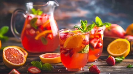 Refreshing fruit sangria in jug with different fruit punch ai generative