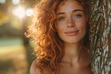 Beautiful woman with red curly hair outdoor. Forest bathing and hugging trees promotes stress reduction and prevents depression