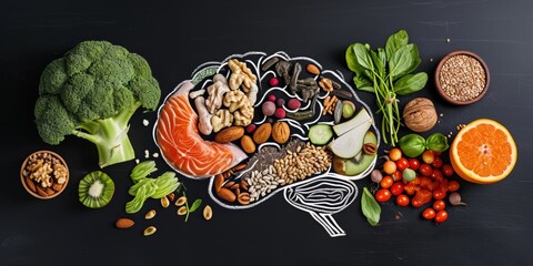 Chalk hand drawn brain picture with assorted food for brain health and good memory