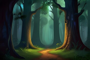 A beautiful fairytale enchanted forest with big trees and great vegetation. Digital painting...