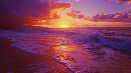 Fototapeta premium A peaceful beach scene with the sound of crashing waves and an orange and purple sky invites meditation and mocktails at any time of day.