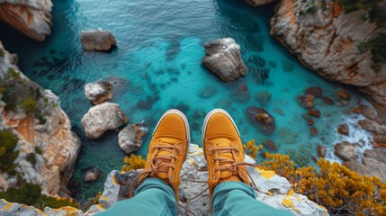 A person wearing yellow shoes standing on a cliff overlooking the ocean, AI - Powered by Adobe